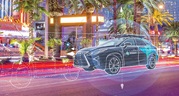 Black Hexagon branded Lexus on the Las Vegas Strip with overlayed graphics